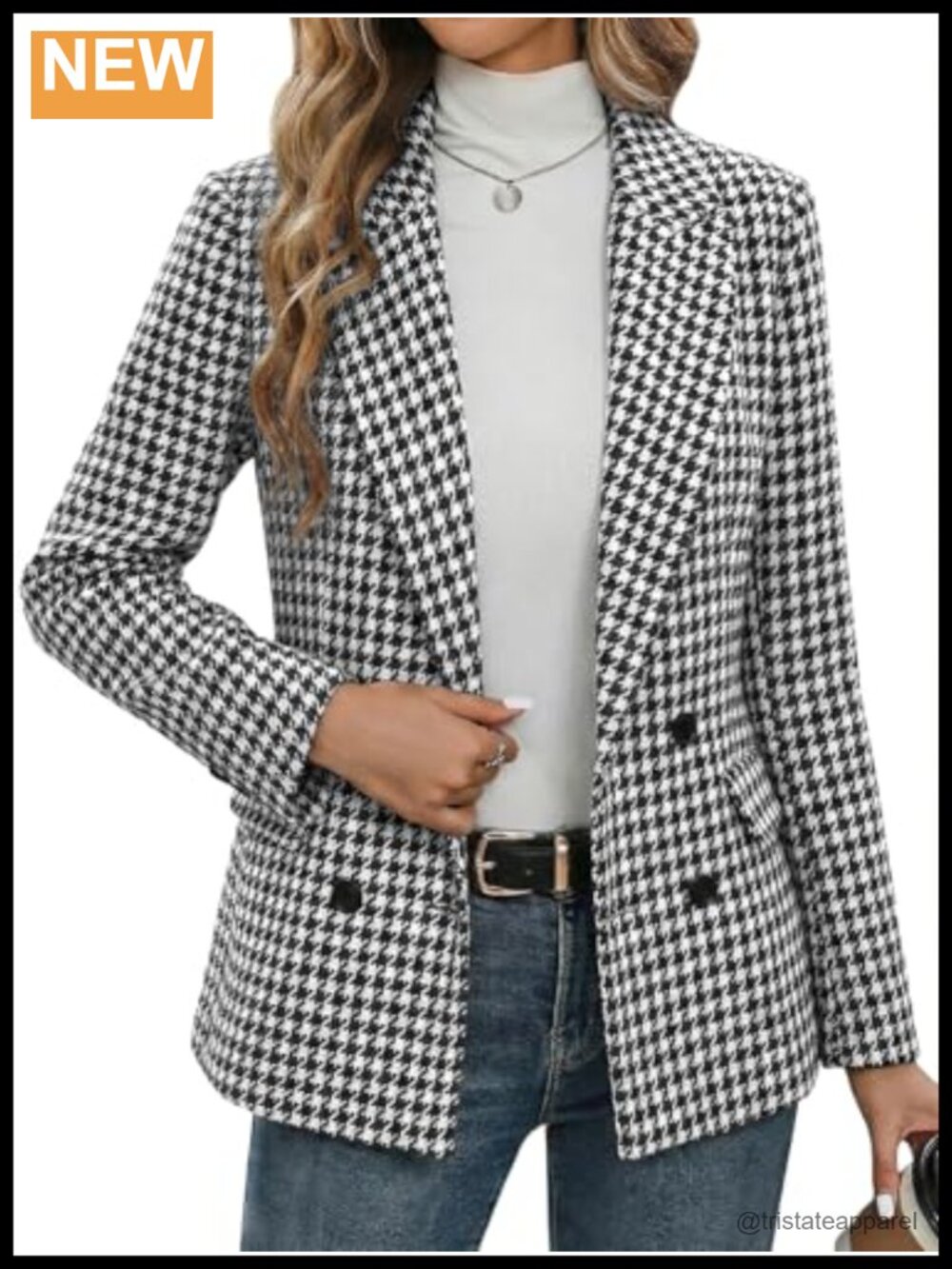 Tweed Houndstooth Blazer Double-Breasted Plaid Fully-Lined Notch Collar